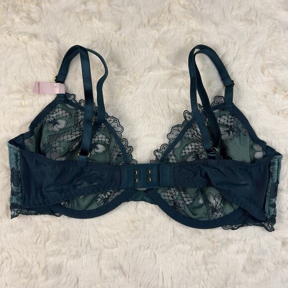 Victoria's Secret Very Sexy Low Cut Demi Bra Velvet Green Lace Underwire 34DD - Picture 3 of 10